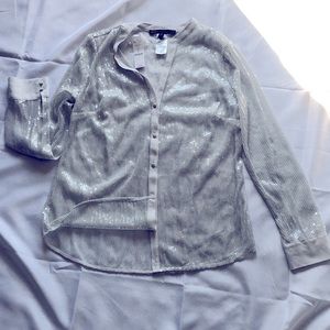 White House Black Market Silver Sequin Blouse M NWT